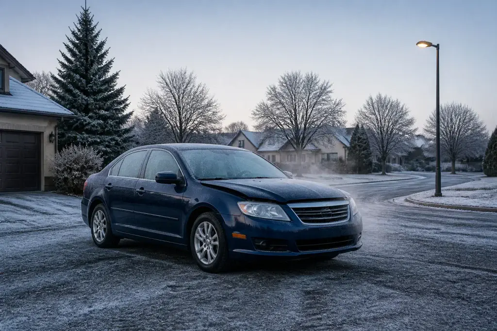 Voiture bleue par temps froid capot ouvert