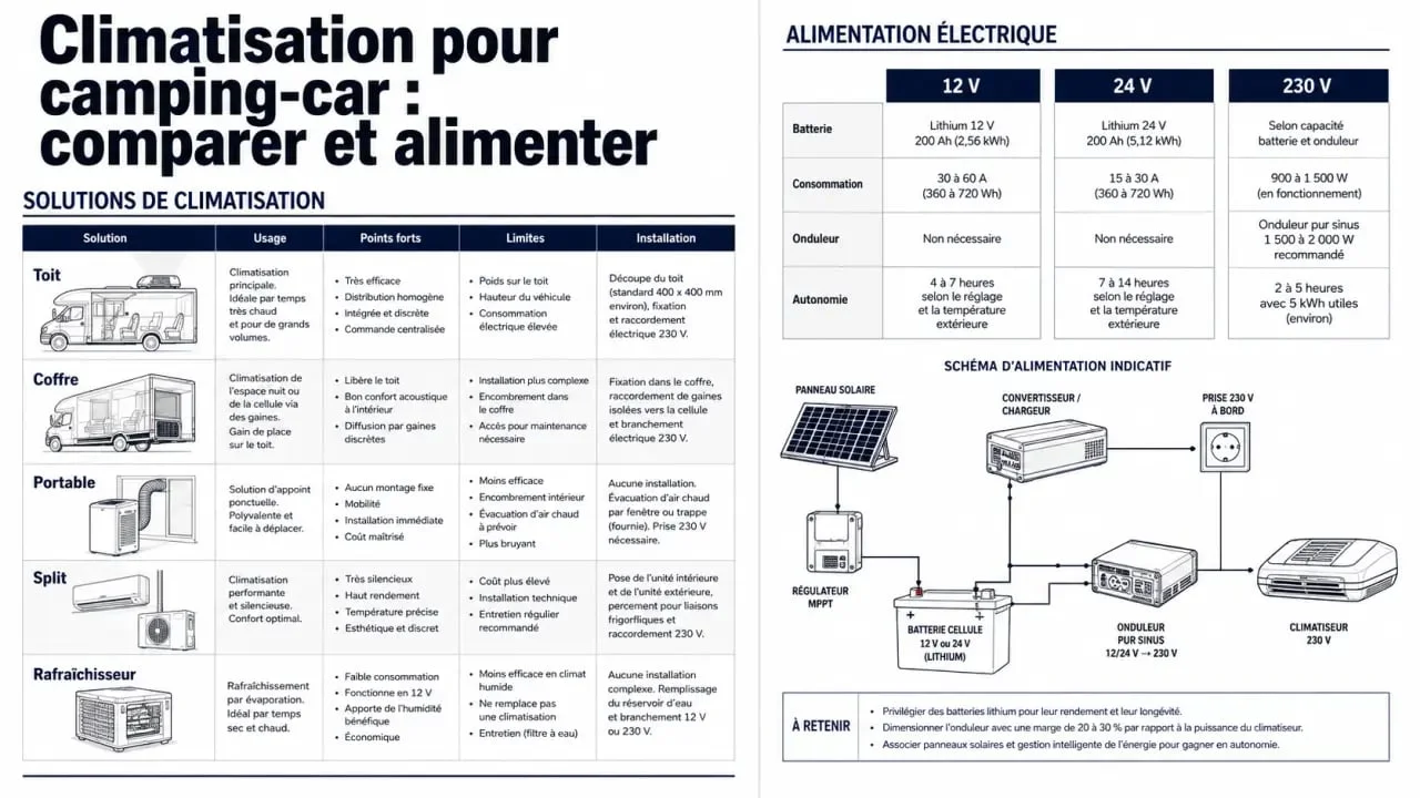 Comparatif climatisation camping car : solutions de toit, coffre, portable, split et alimentation 12 V 24 V 230 V