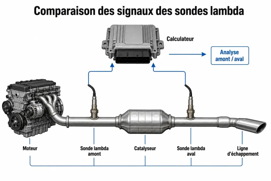 Schéma P0420 du catalyseur et des sondes lambda amont et aval