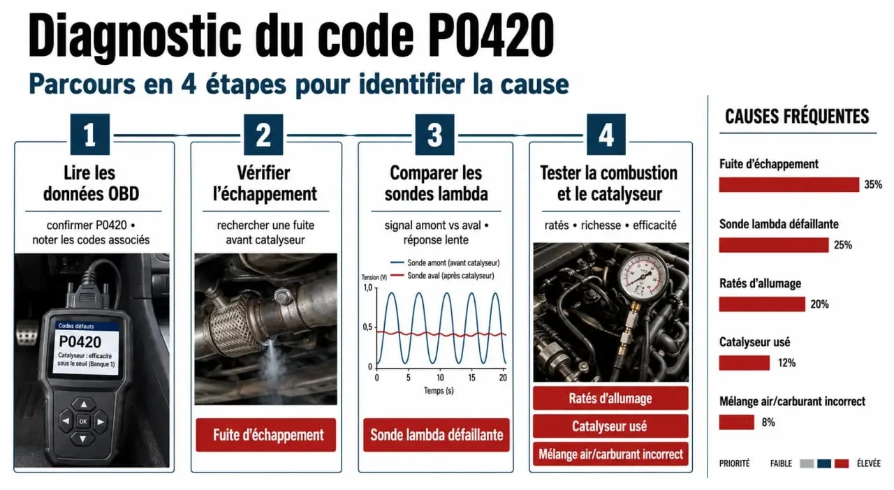 Visuel P0420 des causes, symptômes et vérifications à faire
