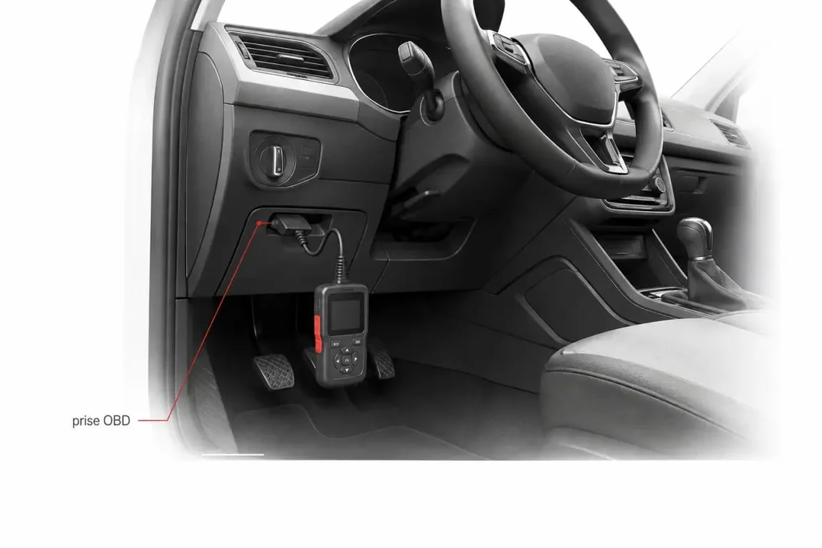 Prise obd sous le tableau de bord d’une voiture, schéma explicatif de son emplacement