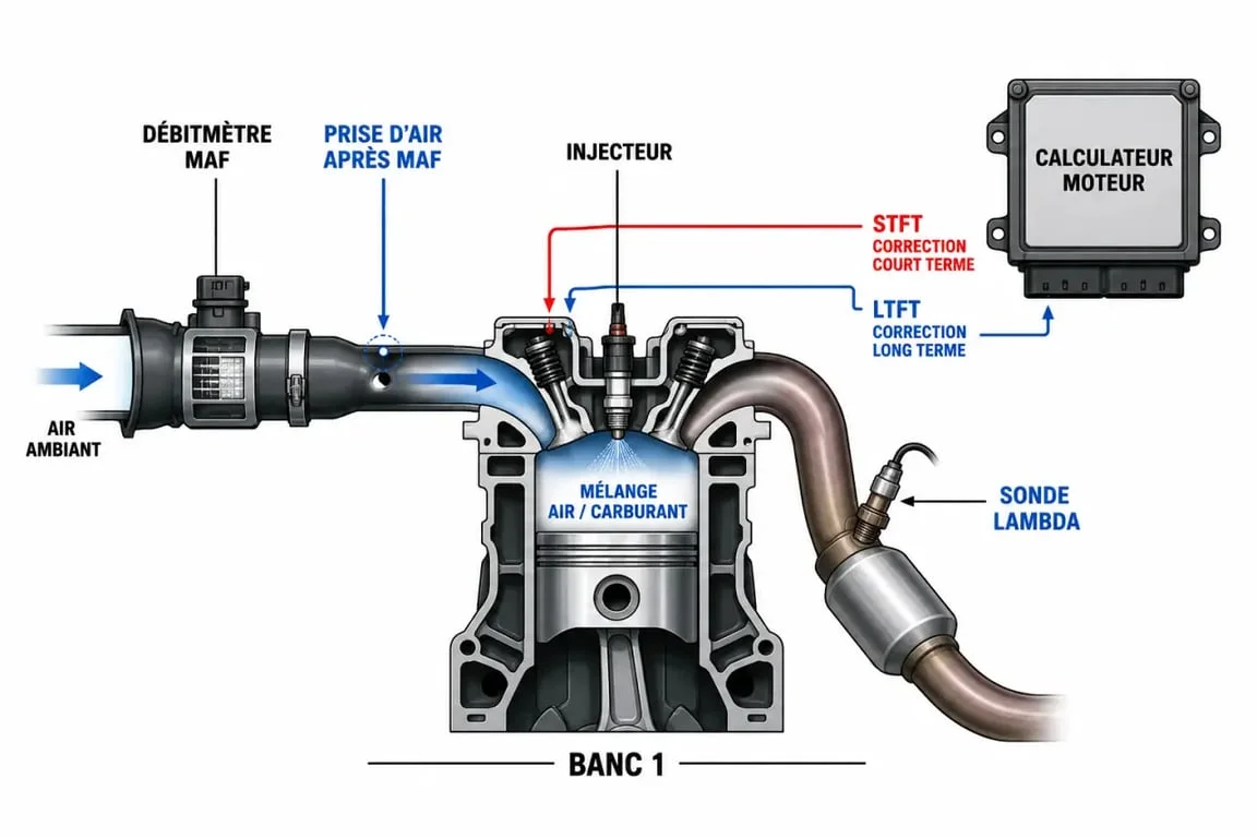 Code p0170 : schéma du banc 1, d’une prise d’air et des corrections de carburant